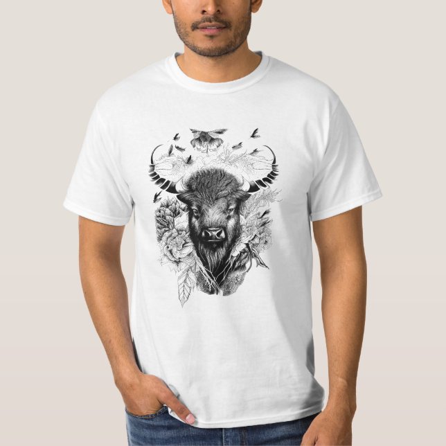 T-shirt Bison de Buffalo Nature sauvage Illustration Art (Devant)