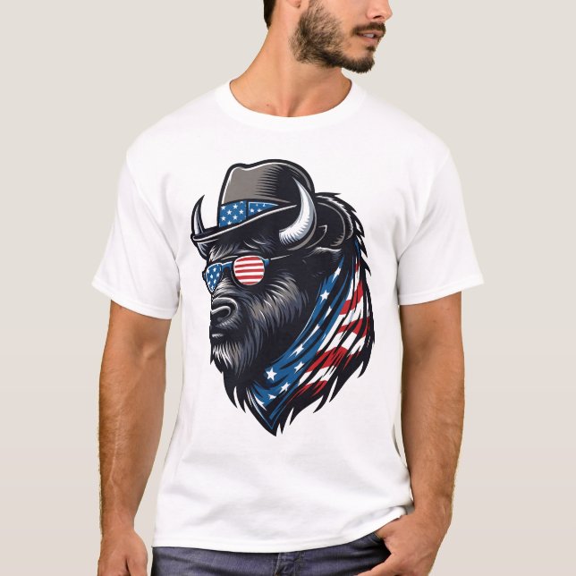 T-shirt Bison Drapeau Américain USA Bison 4 juillet Garçon (Devant)