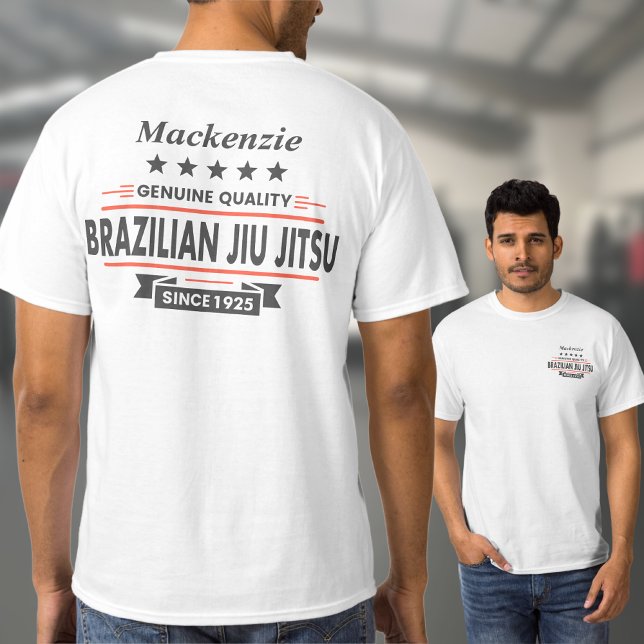 T-shirt BJJ Brésilien Jiu jitsu Personnalisé Avant et Arri (White Brazilian Jiu Jitsu Tshirt with large rear print and small front breast print)