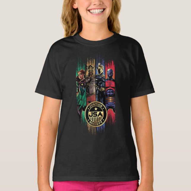 T-shirt Black Adam Justice Society Heroes In Stripes (Devant)