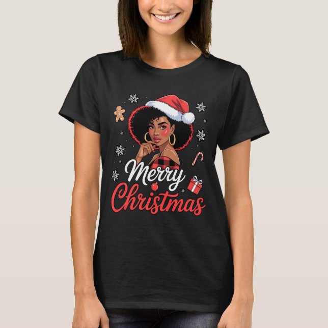 T-shirt Black African Girl American Merry Christmas Santa  (Devant)