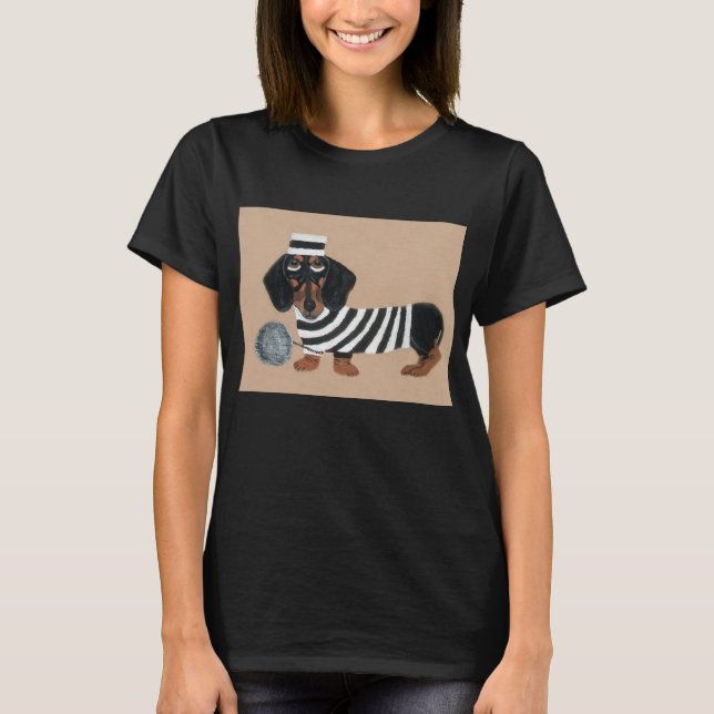 T-shirt Black and Brown Dachshund Treat Thief Jailbird (Devant)