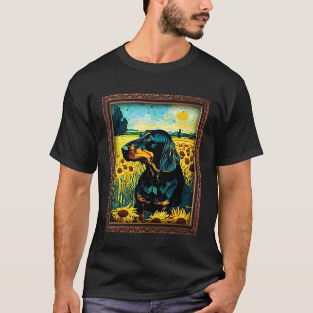 T-shirt Black and Tan Coonhound Painting Sunflower Flower  (Devant)