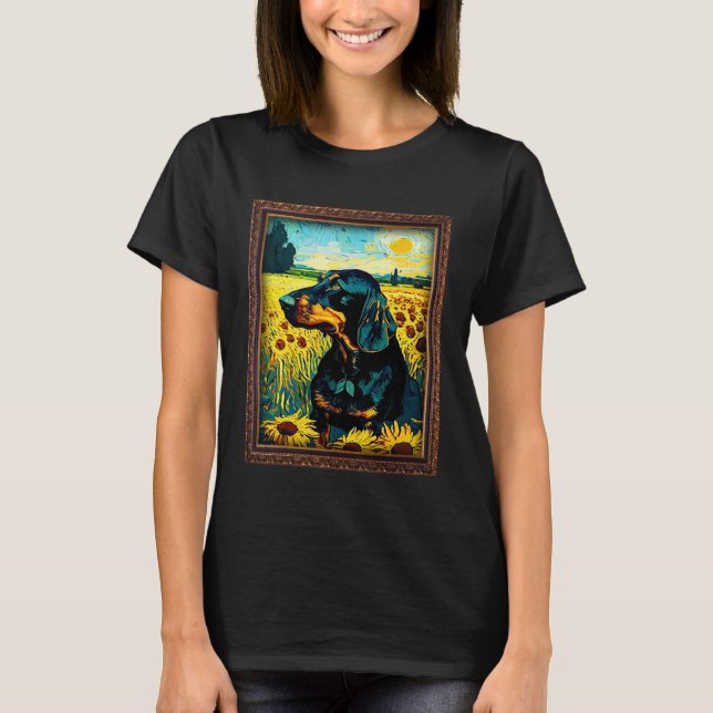 T-shirt Black and Tan Coonhound Painting Sunflower Flower  (Devant)