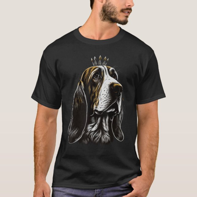 T-shirt Black and White Basset Hound Dog on Crown Basset H (Devant)