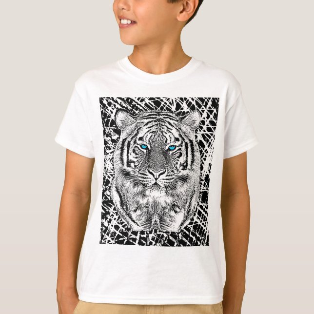 T-shirt Black And White Blue Eyes Tiger Graphic (Devant)