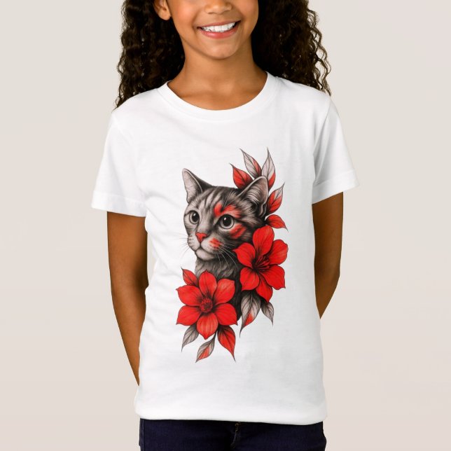T-Shirt Black and White Cat with Bright Red Blooms Toddler (Devant)