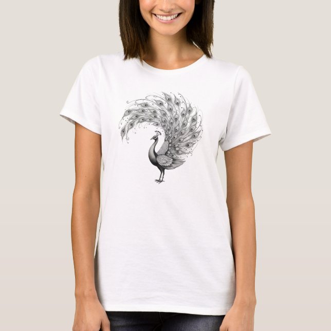 T-shirt Black and White Peacock (Devant)