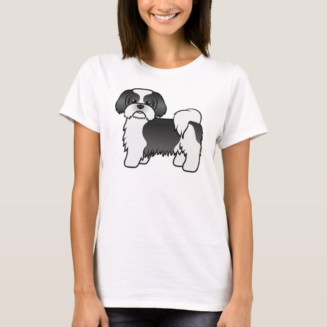 T-shirt Black and White Shih Tzu Cute Cartoon Dog (Devant)