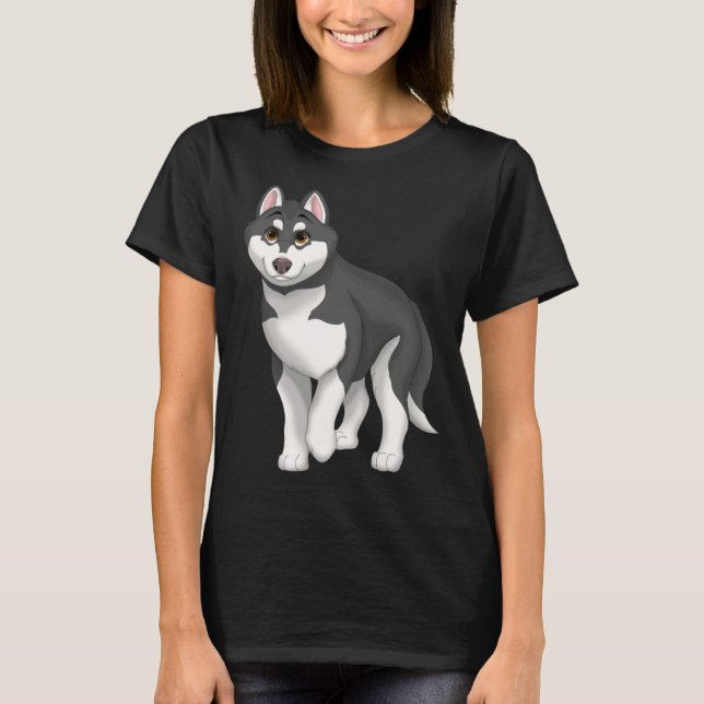 T-shirt Black and White Siberian Husky Dog with Brown Eyes (Devant)