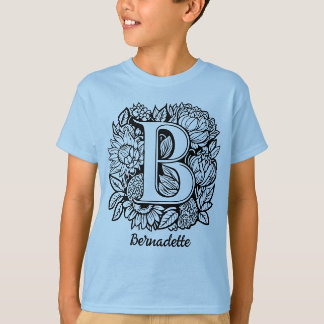 T-shirt Black and White Tattoo Flowers Monogram Letter B (Devant)