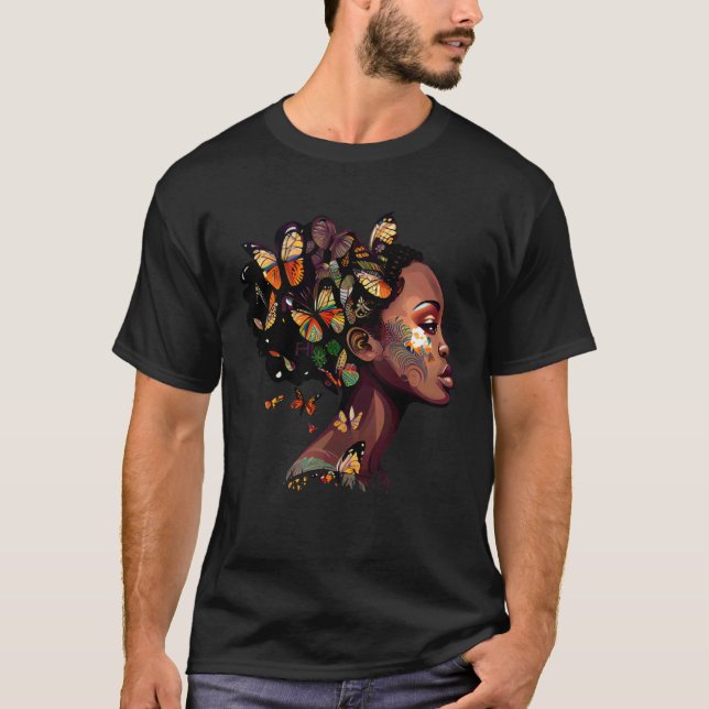 T-shirt Black Beautiful African Queen Butterfly Hair Fun M (Devant)