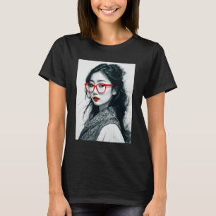 T-shirt Black Blanc Asiatique Portrait Lèvres Rouges Et Ve