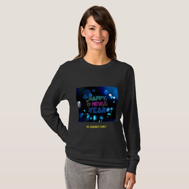 T-shirt Black & Blue Midnight Sparkle Neon Glow New Year  (Devant entier)