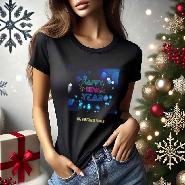 T-shirt Black & Blue Midnight Sparkle Neon Glow New Year  (Créateur téléchargé)