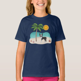 T-shirt Black Boston Terrier À Une Plage Tropicale D'Été