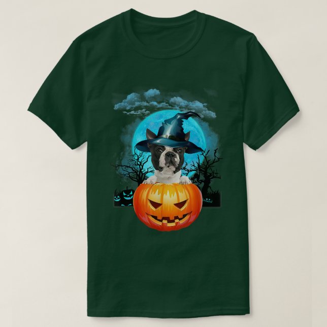 T-shirt Black Boston Terrier Witch Pumpkin And Blue Moon 1 (Design devant)