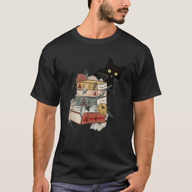T-shirt Black Cat And Books Flowers Reading Club Cat Lover (Devant)