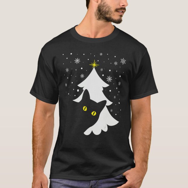 T-shirt Black Cat and Christmas Tree   Cat Xmas   (Devant)