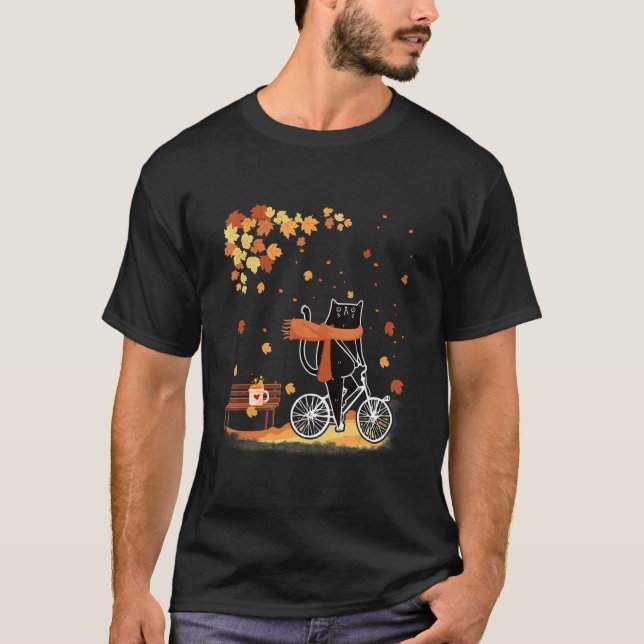 T-shirt Black Cat Autumn Bicycle Ride Thanksgiving Fall Se (Devant)