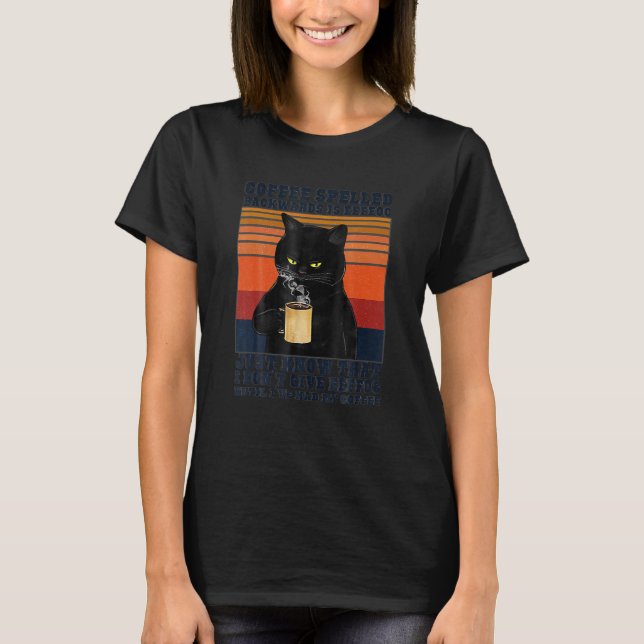 T-shirt Black Cat Boissons Café Étiqueté À L'Arrière Est E (Devant)