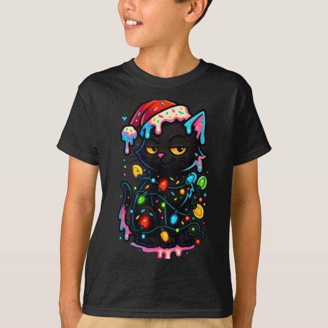 T-shirt Black Cat Christmas Ice Cream Drip Santa Hat Cute  (Devant)