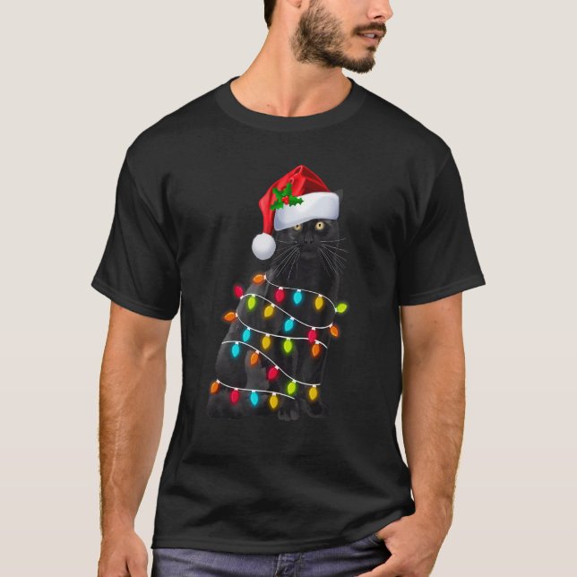T-shirt Black Cat Christmas Light Santa Hat  Cat  Xmas 2 (Devant)