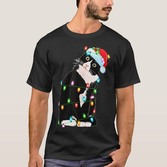 T-shirt Black Cat Christmas Lights Funny Santa Hat Black C (Devant)