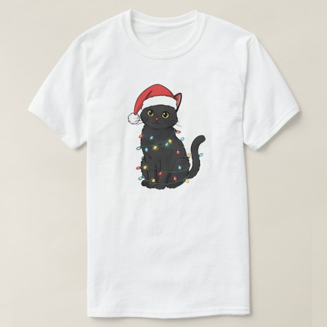 T-shirt Black Cat Christmas Lights – Funny Santa Kitten  (Design devant)
