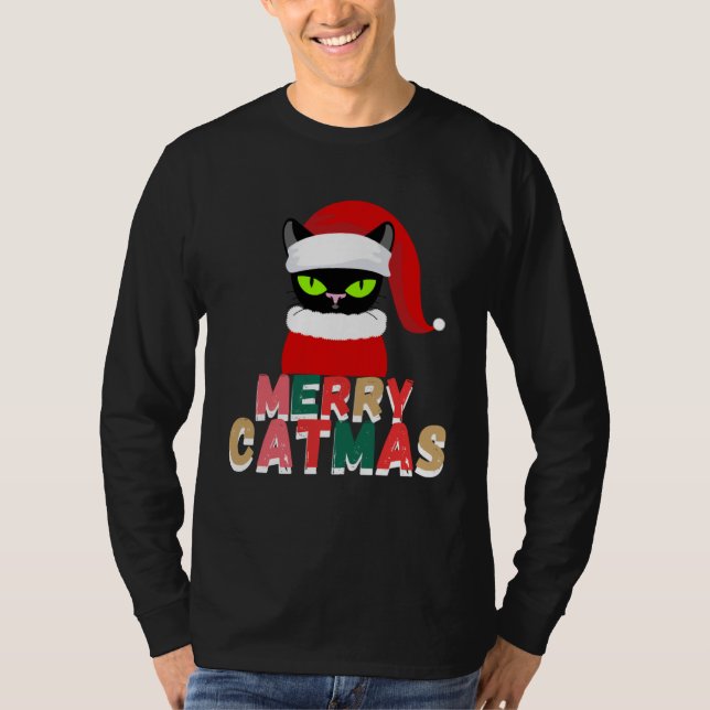 T-shirt black cat Christmas Santa Hat (Devant)