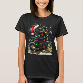 T-shirt Black Cat Christmas Santa Hat Funny Meowy Catmas