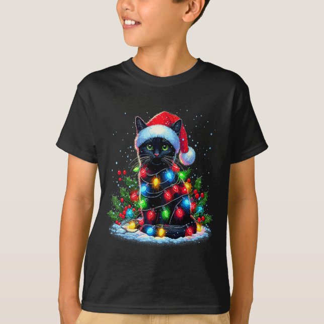 T-shirt Black Cat Christmas Santa Hat Funny Meowy Cats  (Devant)