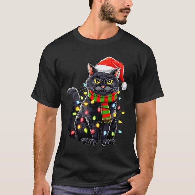 T-shirt Black Cat Christmas Santa Hat Funny Meowy Cats Wom (Devant)