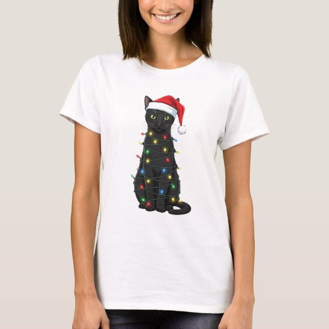 T-shirt Black Cat Christmas Santa Lover (Devant)