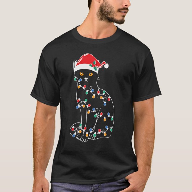 T-shirt Black Cat Christmas Tree Lights   Santa Kitten Led (Devant)