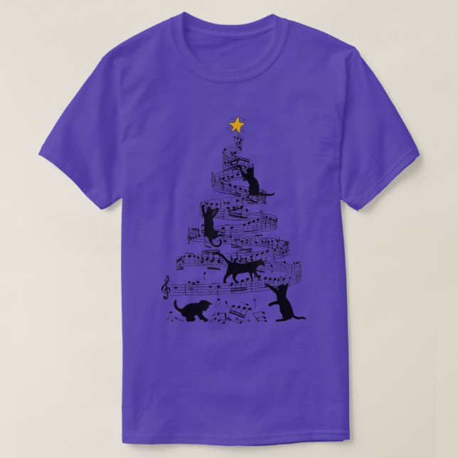 T-shirt Black Cat Climbing Music Note Christmas Tree  (Design devant)