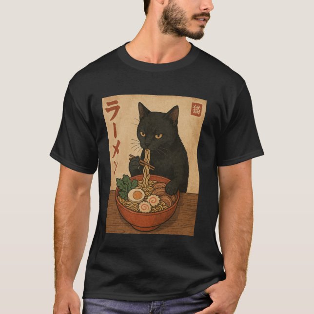 T-shirt Black Cat Eating Ramen Japanese Style Funny Retro  (Devant)