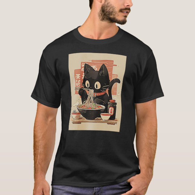 T-shirt Black Cat Eating Ramen Noodles Tee (Devant)