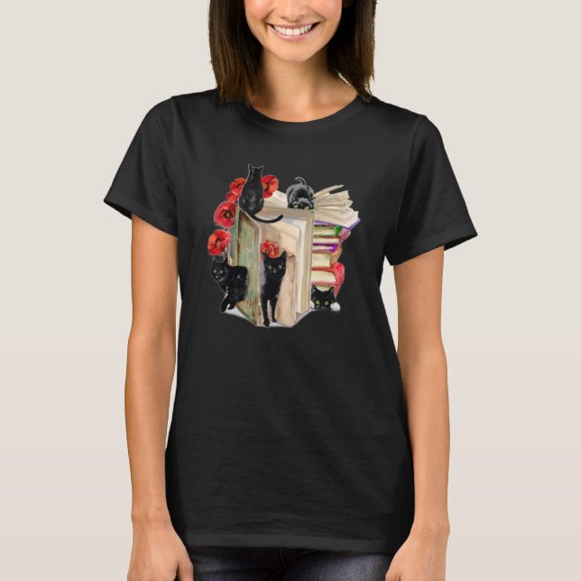 T-shirt Black Cat Flower Books (Devant)