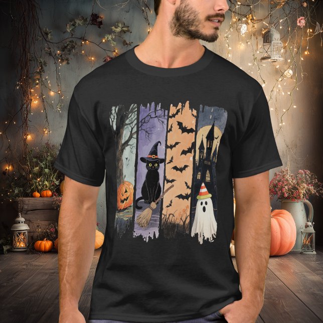 T-shirt Black Cat, Ghost, Pumpkin, Bats & Haunted House (Créateur téléchargé)