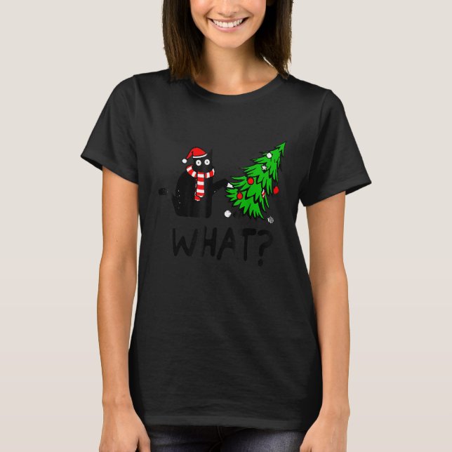 T-shirt Black Cat Gift Pushing Christmas Tree Over Cat Wha (Devant)