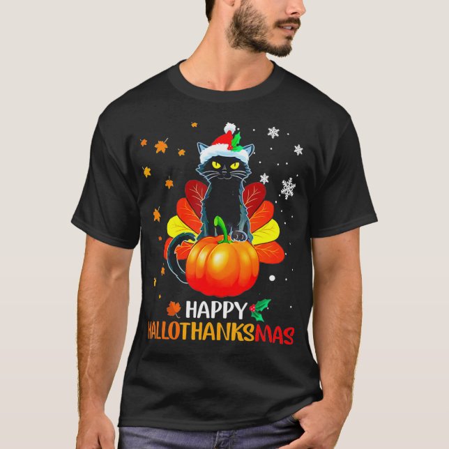 T-shirt Black Cat Halloween And Merry Christmas Happy (Devant)