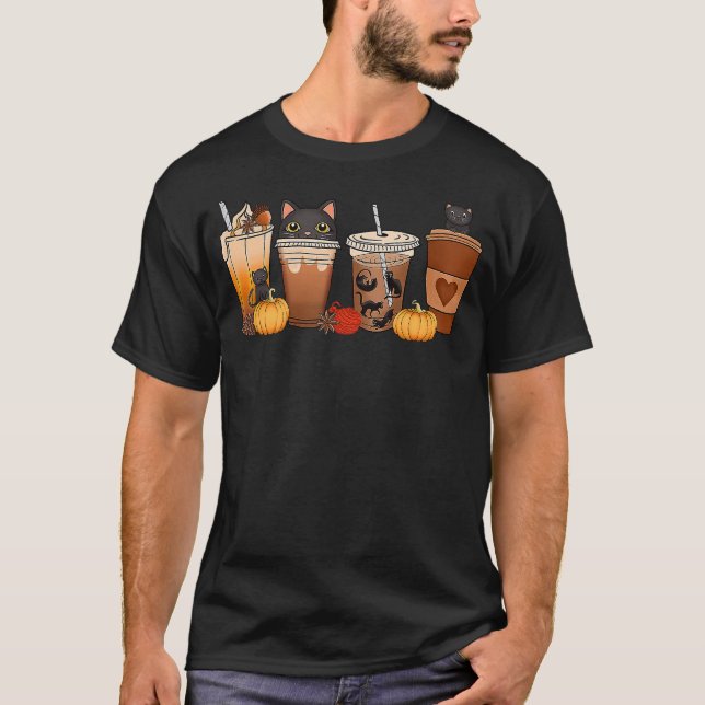 T-shirt Black Cat Halloween Iced Coffee Cups Fall Pumpkin  (Devant)