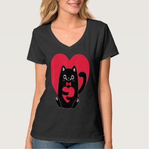 T-shirt Black Cat Heart Valentines Day Cute Kitten Kitty L