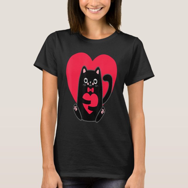 T-shirt Black Cat Heart Valentines Day Cute Kitten Kitty L (Devant)