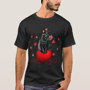 T-shirt Black Cat Heart Valentines Day Cute Kitten Kitty L