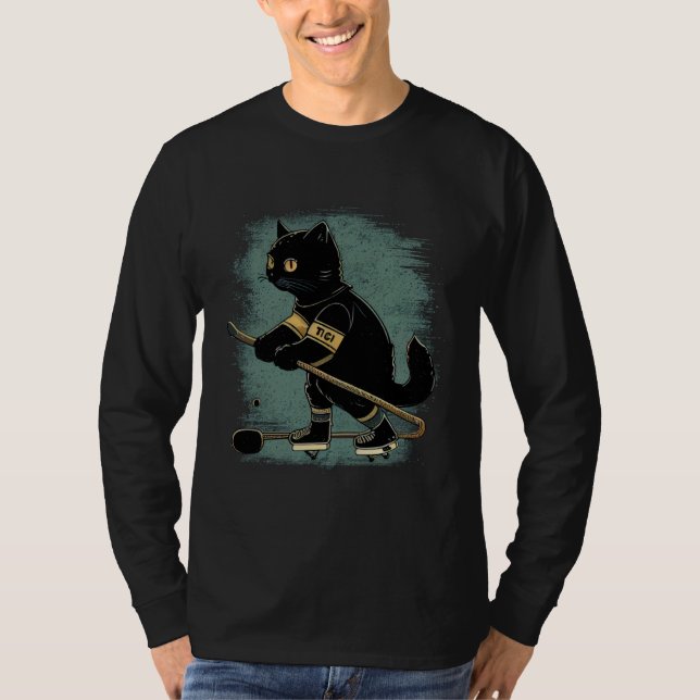 T-shirt Black Cat Hockey Retro Graphic Tees Men Women Boys (Devant)