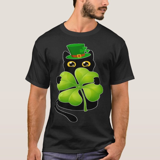 T-shirt Black Cat Holding C Shamrock Jour de la Saint Patr (Devant)