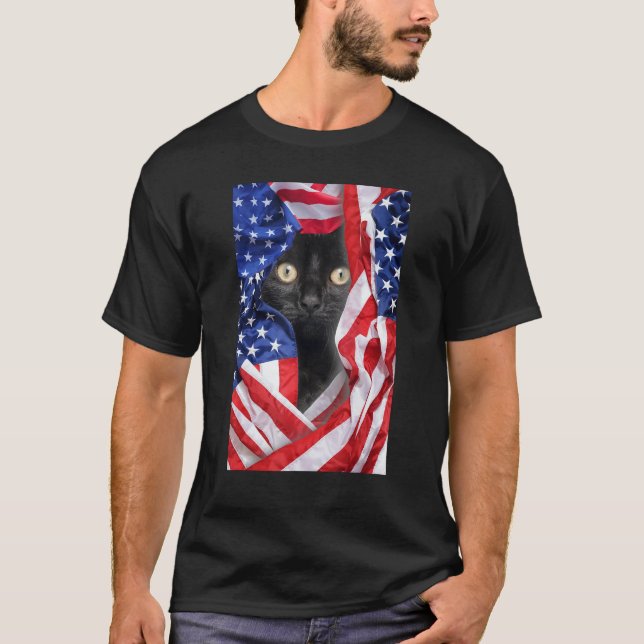 T-shirt Black Cat in USA Flag 4th of July Men Women (Devant)