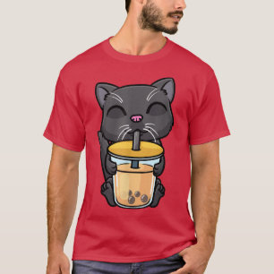 T-shirt Black Cat Kawaii Drinking Bubble Tea Milk Boba Men
